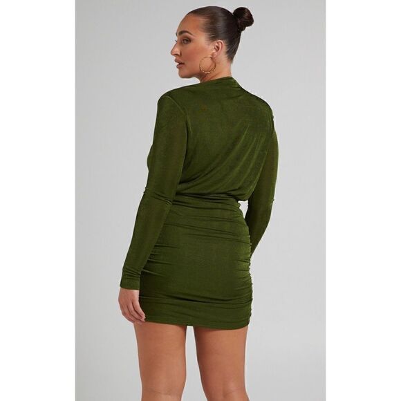 NWT Showpo Kaitie Mini Deep V Open Front Ruched Dress in Khaki, Size 4 - Picture 5 of 16